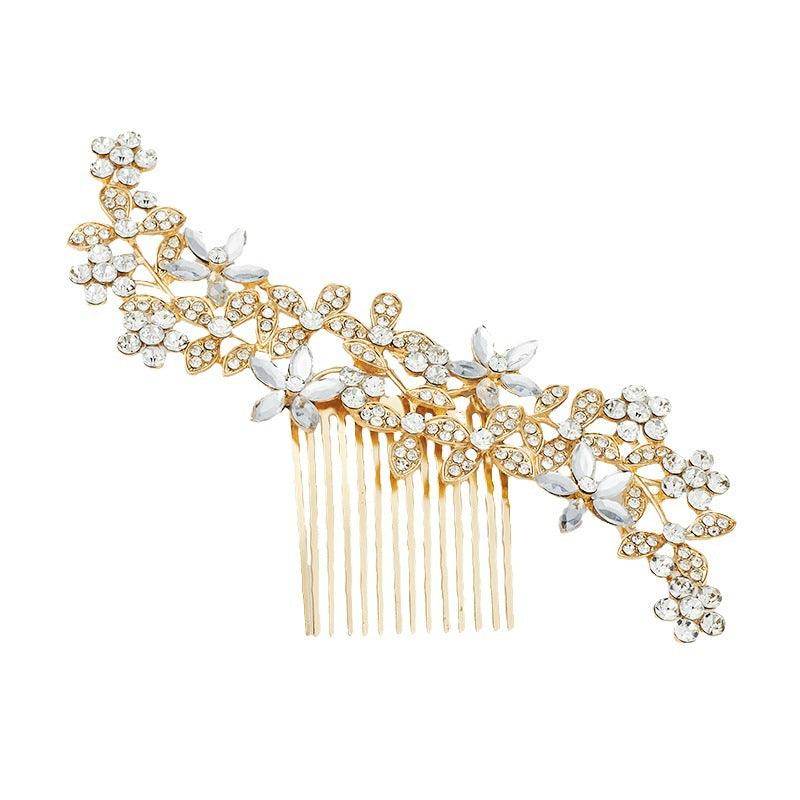 Leaf Hair Comb Alloy Five Petals Flower Rhinestone Accessories 742866021338 - COCOMELODY